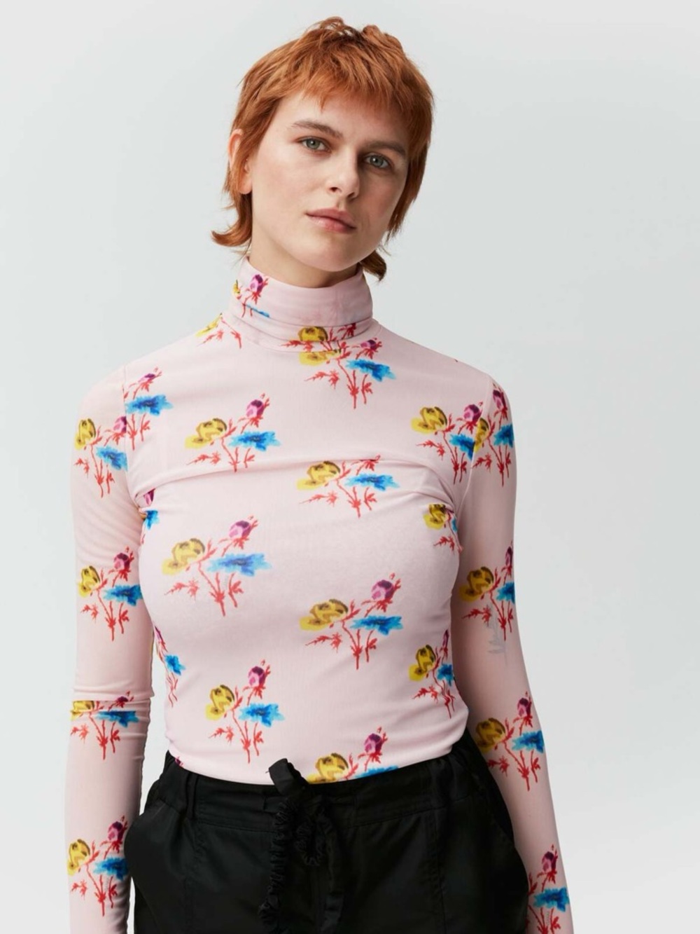 Ganni Printed Mesh Long Sleeve Fitted Rollneck 'Light Lilac'